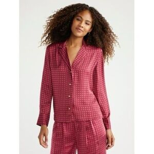 Free Assembly.  Red Patterned Button-Up Blouse and pants